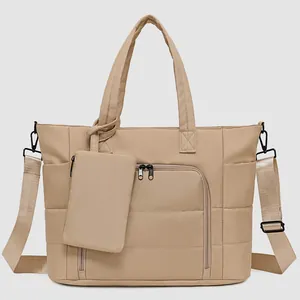 Women quilted tote bag with multi-compartments and top handles in khaki, front view main image