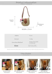Dimensions détaillées du sac bandoulière en paille avec pendentif nœud rose