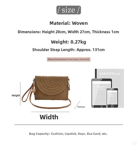 Detailed size chart of the woven envelope crossbody bag with dimension measurements