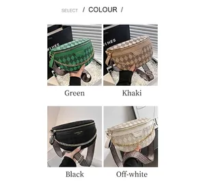 Quilted crescent waist bags in four colors with chain and geometric straps