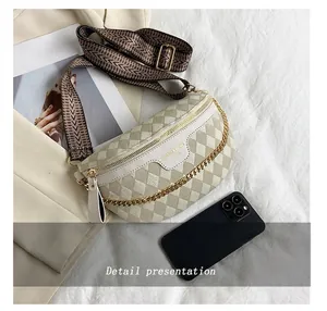 Detail presentation showing checkerboard crossbody bag capacity with a smartphone