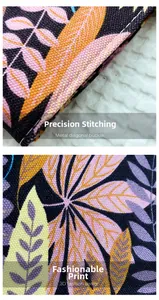 Détail de l'imprimé feuilles colorées sur sac en toile avec coutures blanches