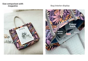 Vue intérieure d'un grand sac cabas en toile à fleurs montrant la capacité de rangement utile