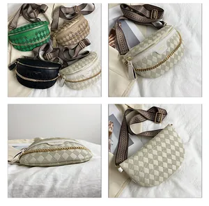Detailed grid view of quilted PU chest bags with chain decor and ethnic wide straps