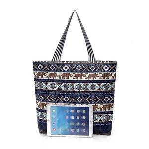 Women's Ethnic Canvas Tote Bag Elephant Geometric Print Large Capacity Shopping Bag With Striped Handle Casual Travel Handbag