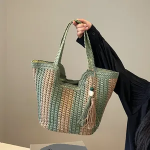 Borsa Tote in Paglia Intrecciata ad Alta Capacità per Donna Estate Spiaggia Vacanza Borsa a Spalla a Righe Con Nappine e Perline