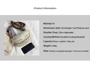 Detail showing dimensions of the quilted PU leather crossbody bag with chain and wide strap