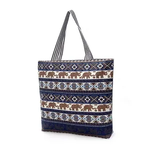 Ethnic canvas tote bag with brown elephant print and bohemian geometric patterns