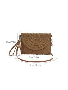 Detailed size chart for straw woven envelope bag with dimensions in cm and inches