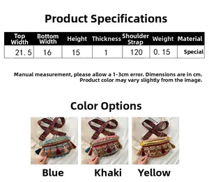 Detailed size chart and color options for ethnic woven tassel crossbody bags