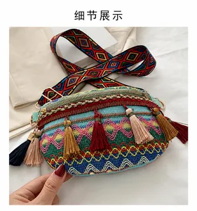 Detail of bohemian woven crossbody bag with colorful tassels and geometric embroidery