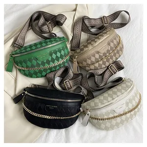 Detail of four quilted chest bags in green, khaki, black and white with patterned straps