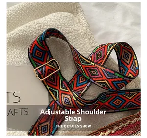 Close-up of adjustable woven shoulder strap with colorful bohemian geometric patterns
