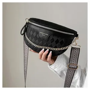 Women Fashion Quilted Rhombic Checkerboard Chest Bag PU Oxford Crossbody Waist Bag With Adjustable Webbing Strap And Metal Chain