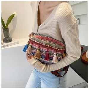 Detail of bohemian woven bag featuring vibrant geometric patterns and colorful long fringes