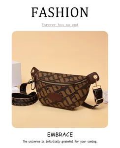Close-up detail of vintage pattern waist bag with golden zipper and branded strap