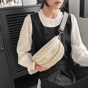 Beige checkerboard crossbody chest bag with jacquard wide strap and chain detail
