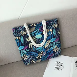 Sac Fourre-tout en Toile Décontracté Femme Imprimé Flamant Rose Feuille Tropicale Sac à Main Avec Poignée en Corde Épaisse