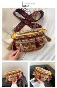 Detailed view of bohemian woven crossbody bag with colorful tassels and jacquard strap