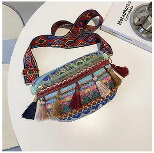 Close-up of bohemian woven bag with colorful embroidery patterns and long tassels decoration