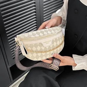 Damen Umhängetasche mit beige Schachbrettmuster aus PU-Leder und breitem Gurt
