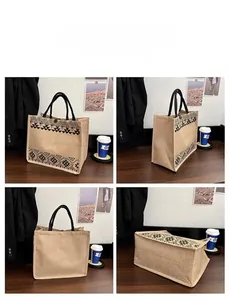 Detailed multi-angle views of ethnic linen tote bag with geometric patterns and round handles