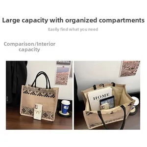 Detail view of ethnic jute tote bag showing spacious interior and large capacity for storage