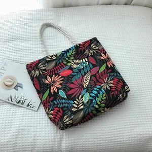 Grand sac cabas en toile imprimé tropical avec poignées en corde blanche pour la plage