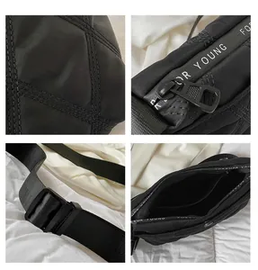 Macro details of black quilted dumpling bag with Forever Young strap and inner pocket
