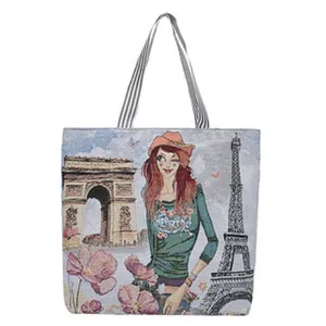 Borsa tote in tela con illustrazione di Parigi e manici a righe per lo shopping donna