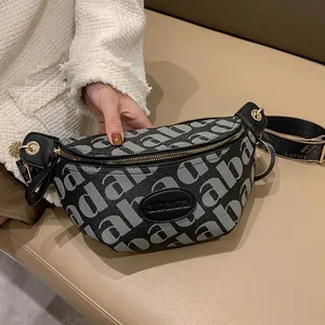 Women Fashion Letter Print Fanny Pack Chest Bag PU Leather Crossbody Bag With Adjustable Wide Strap Casual Travel Bum Bag
