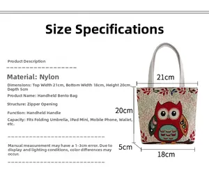 Tabella taglie dettagliata con dimensioni e materiale nylon per borsa ricamata