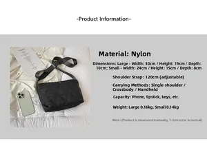 Detailed size comparison of black quilted nylon crossbody bags with dimensions and strap info
