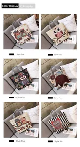 Detailed grid view of canvas tote bags with various artistic prints and striped handles
