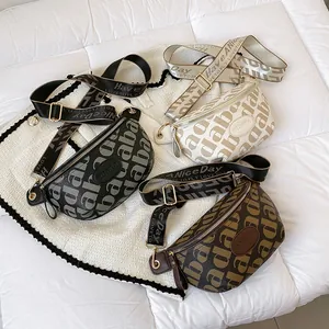 Chic monogram waist bag for women in black, cream, and brown with adjustable wide straps