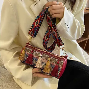 Bohemian Woven Cylinder Crossbody Bag For Women Ethnic Geometric Pattern Small Tube Shoulder Bag With Tassels Wide Strap