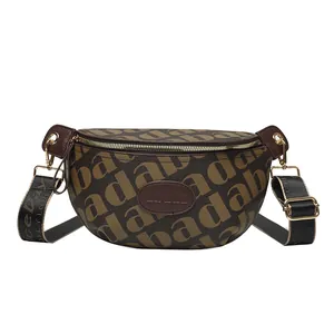 Brown cross-body belt bag with vintage letter patterns and adjustable wide strap