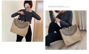 Detalle del bolso de yute con estampado de mandala y diseño de gran capacidad