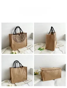 Linen tote bag with black geometric sunburst print shown in four different angles
