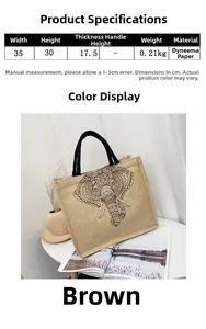 Detailed size chart and brown Tyvek tote bag with black elephant mandala print
