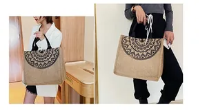 Detalle del bolso tote de yute grande con estampado de mandala y asas de cuerda negra