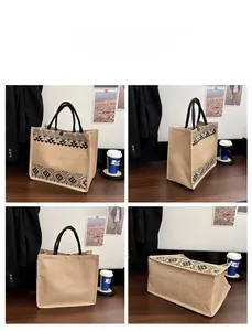 Detailed views of the large canvas tote bag showing the ethnic pattern and spacious design