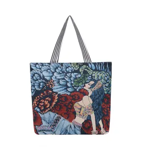 Borsa tote jacquard in stile etnico con ricamo floreale e manici a righe