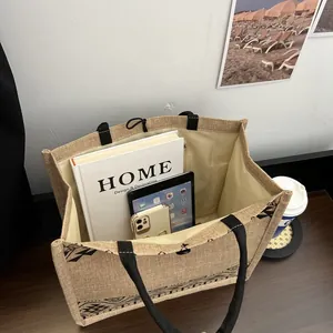 Linen tote bag interior view with inner lining, zipper pocket and spacious capacity