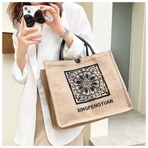 Sac fourre-tout chic en lin avec imprimé floral noir et grande capacité pour le shopping