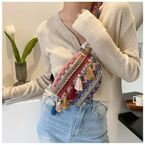 Close-up of bohemian lace chest bag with colorful tassels and geometric woven patterns
