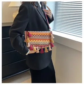 Detail of bohemian woven crossbody bag featuring ethnic patterns and colorful tassels