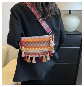 Detail of bohemian semi-circle crossbody bag with vibrant tassels and woven geometric patterns