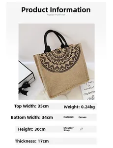 Tabla detallada de tallas para bolso tote de lona bohemio con diseño de mandala