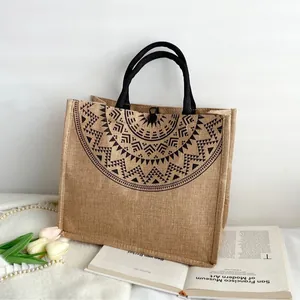 Women Large Capacity Cotton Linen Tote Bag Bohemian Mandala Elephant Printed Jute Handbag For Casual Shopping Travel Handbag